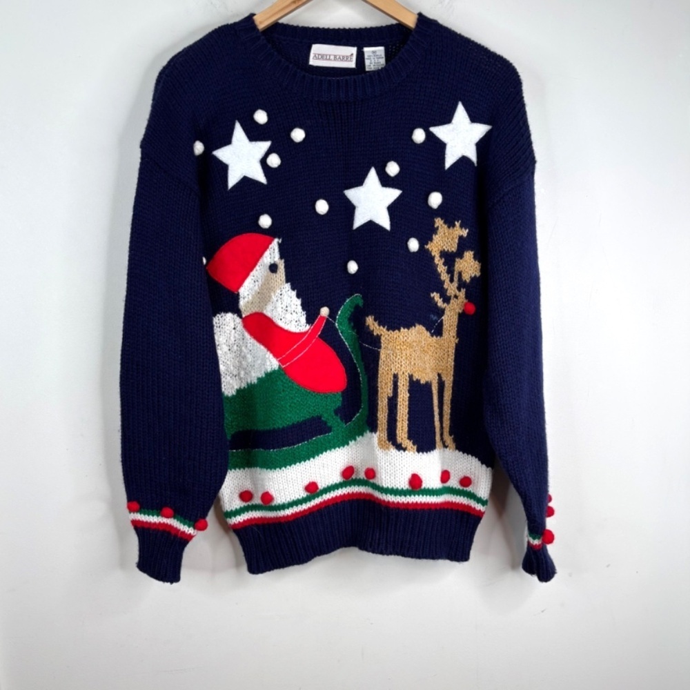 VTG 90s Adell Barre Christmas Sweater M Pom Pom Knit Navy Santa Rudolph Reindee